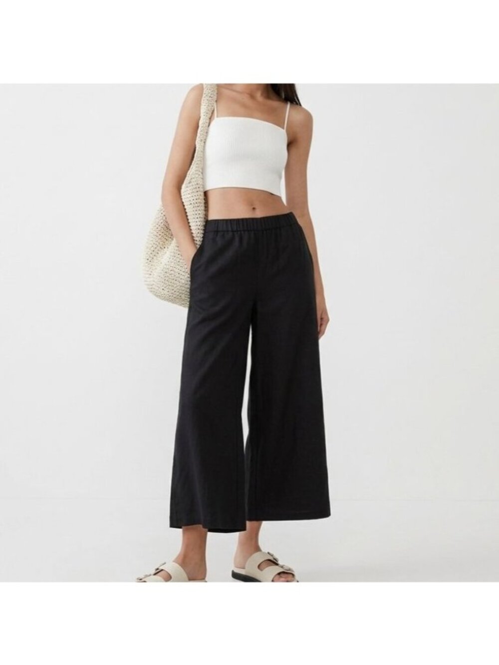 Banana Republic Wide Leg Cropped Linen Blend Pull-On Pant Black Women Size M